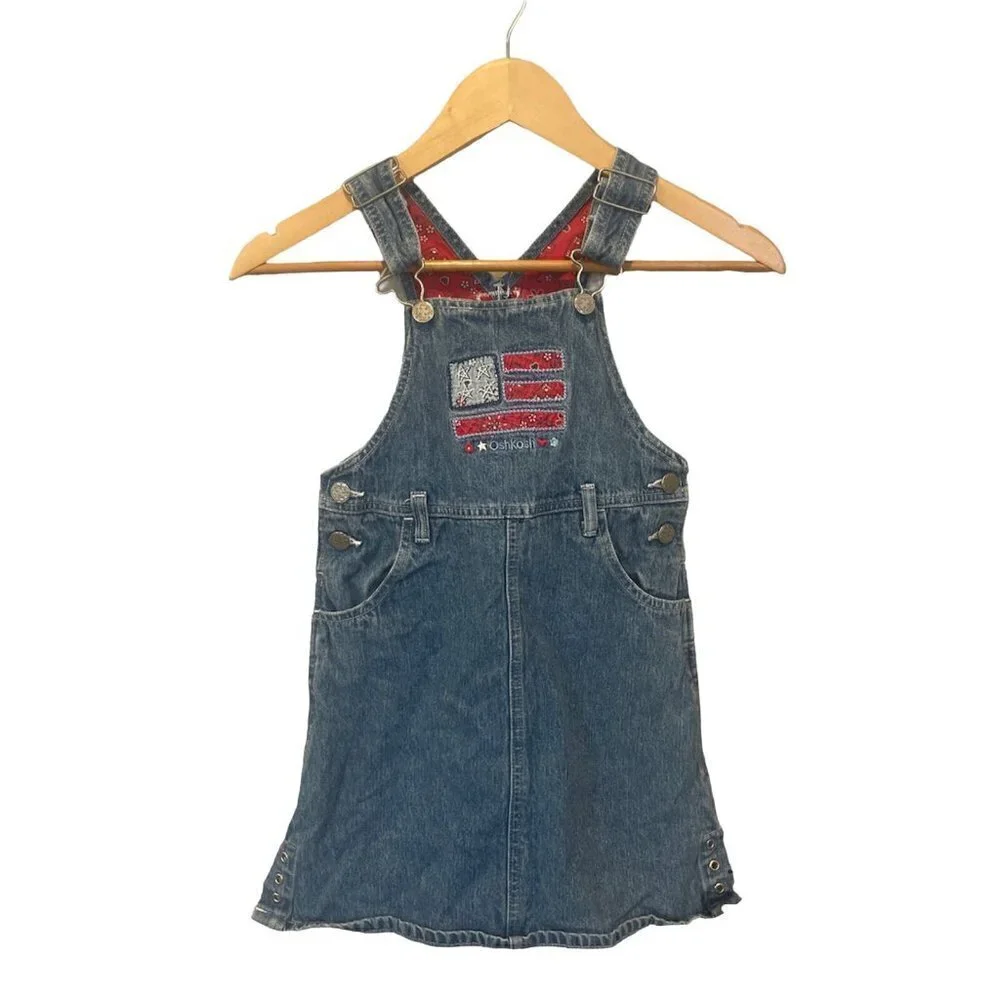 Vintage OshKosh Floral Denim Skirtall Jumper Girls 6 Flag Embroidery July 4th
